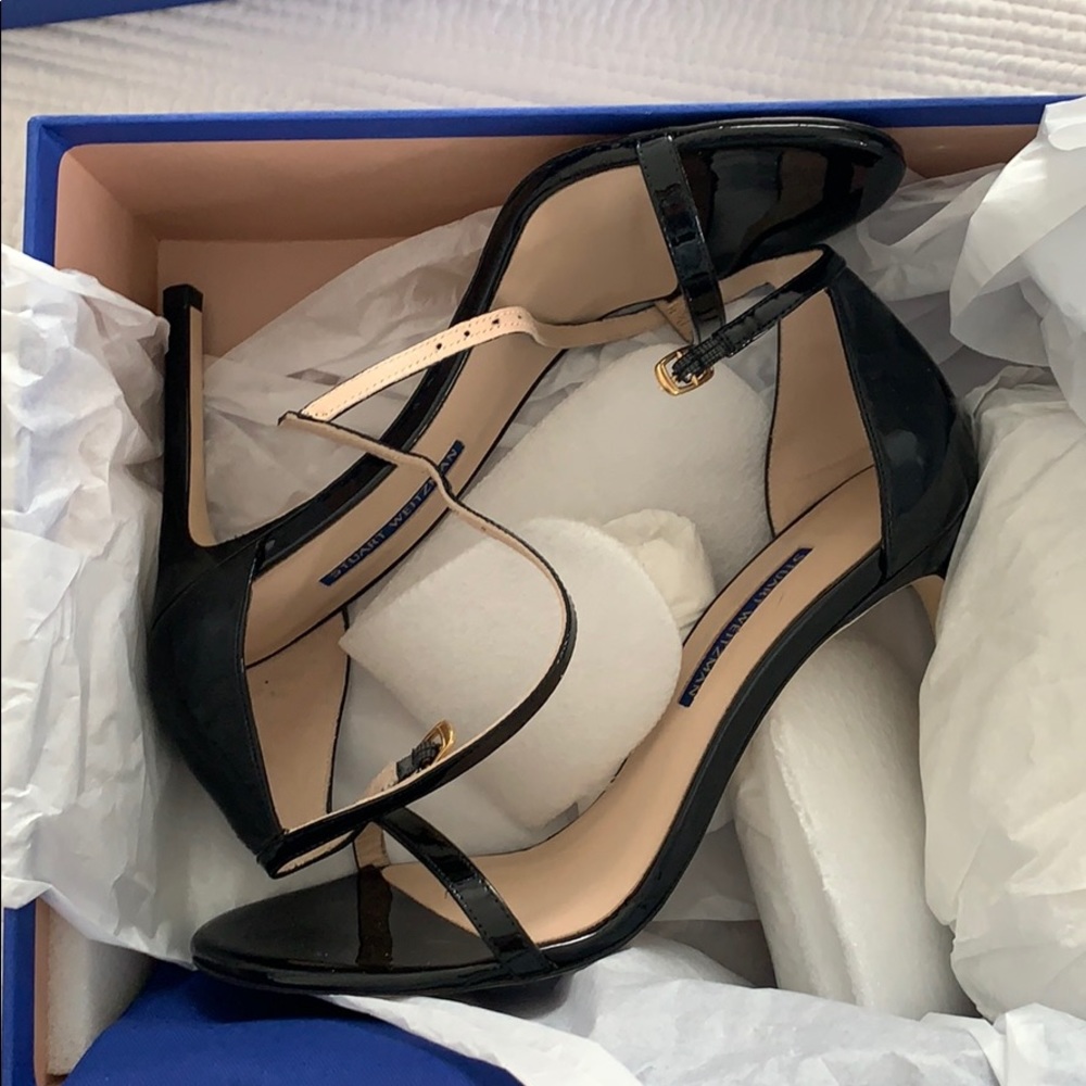 Stuart Weitzman Nudisong Black Leather Patent Heel